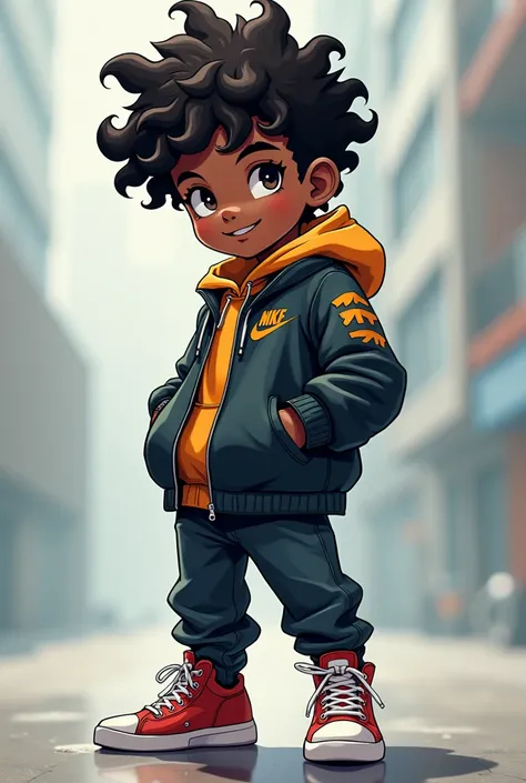 A  black boy wearing a super stylish hoodie with wavy and curly hair standing on a surface and anime style 
