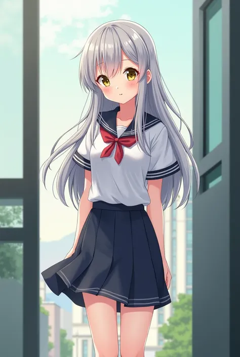 Full-body image of a female character in anime style, , height 156 cm, weight 38 kg, cute appearance, curious personality, loves art, has long silver hair, wearing a school uniform.