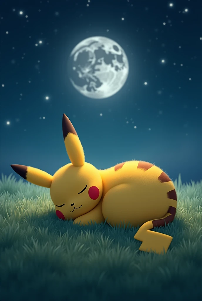 8k A realistic and highly-detailed image of a Pikachu sleeping peacefully on a soft bed of grass. Its fur looks fluffy, with its tail curled around its body, and the background is a serene night sky with soft glowing stars and a full moon gently illuminati...