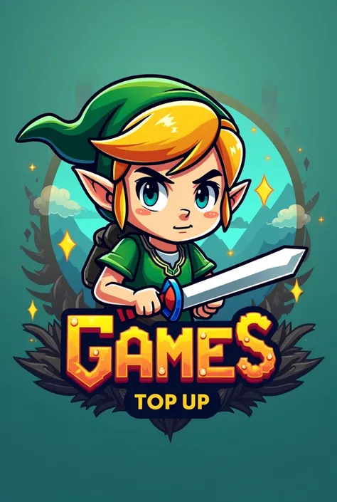 Create an image with a logo and a gamer mascot that resembles Link from Zelda, for me to use as an avatar and cover for my future YouTube channel, which will be called Top Up Games.