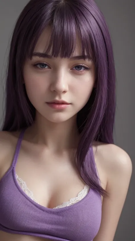 a girl. european. extremely detailed face. delicate features. half-closed eyes. purple eyes. long straight hair, bangs. purple hair. big breasts. tank top. seductive. emotionless. lustful appearance