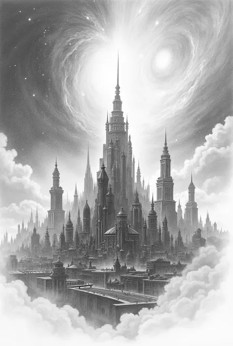 Pencil Drawing of a City Skyline With a Fantasy Space backround


