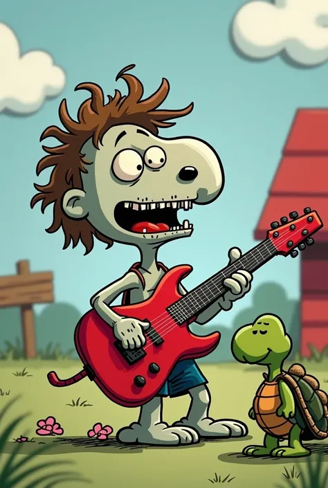 Cute snoopy wallpaper with a zombie boy with a red guitar in his hands and a turtle 
