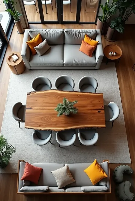 The aerial view captures a beautifully arranged furniture setup in a modern living space, showcasing a harmonious blend of style and functionality. At the center, a striking live edge solid acacia wood dining table is surrounded by elegant, upholstered cha...