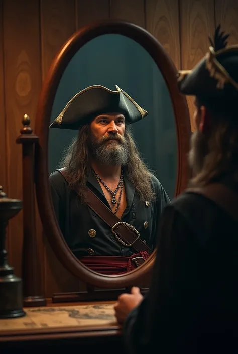 A man looks in the mirror and sees himself as a pirate