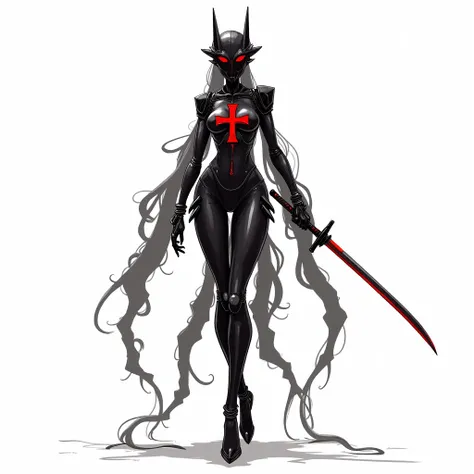 combat monashka faceless mask biomechanical android monakhinya stands on her feet with a katana red cross on her chest seductive beautiful angle. in pose ink Illustration digital art white background