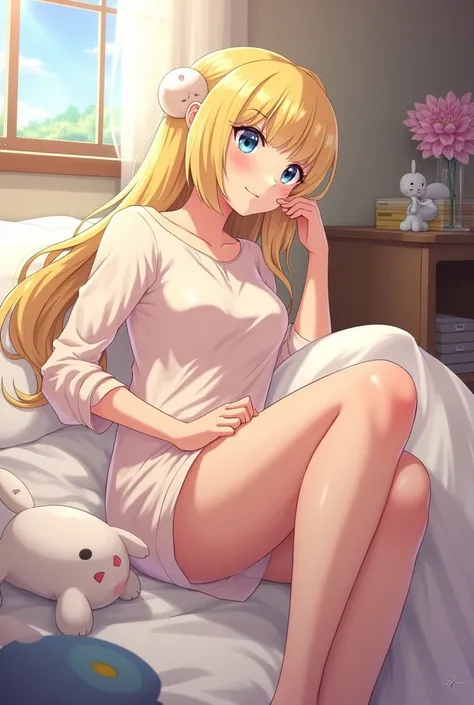 A full art image of Lillie from Pokémon sun and moon aged up to be about 20 years old in bed while still retaining the anime art style of the image prompt