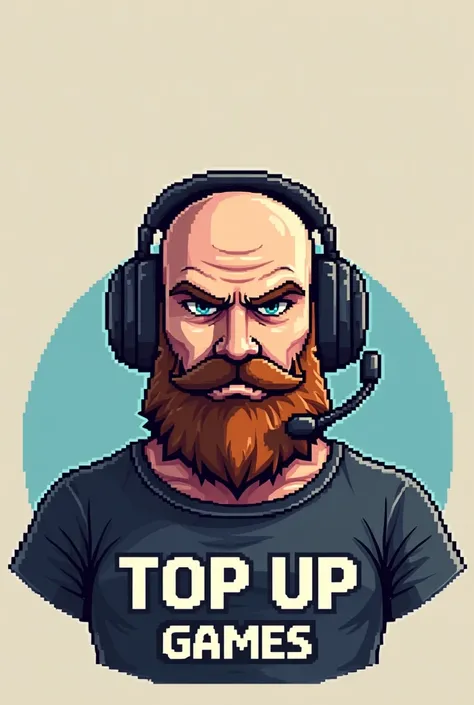 Create an image with a logo and a bald gamer mascot with a beard in pixel art for me to use as an avatar and cover for my future YouTube channel, which will be called Top Up Games.