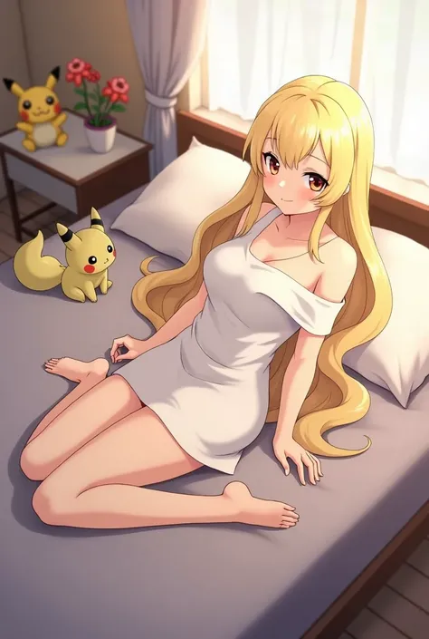 A full art image of Lillie from Pokémon sun and moon aged up to be about 20 years old in bed while still retaining the anime art style of the image prompt