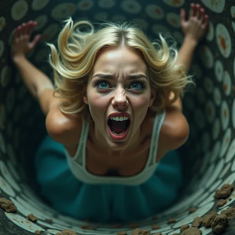 blonde woman yelling, freaking out, falling down a rabbit hole, 1 girl, beautiful detailed eyes, beautiful detailed lips, extremely detailed eyes and face, long eyelashes, modern conspiracy theories symbolism, very specific, subliminal messages, very omino...