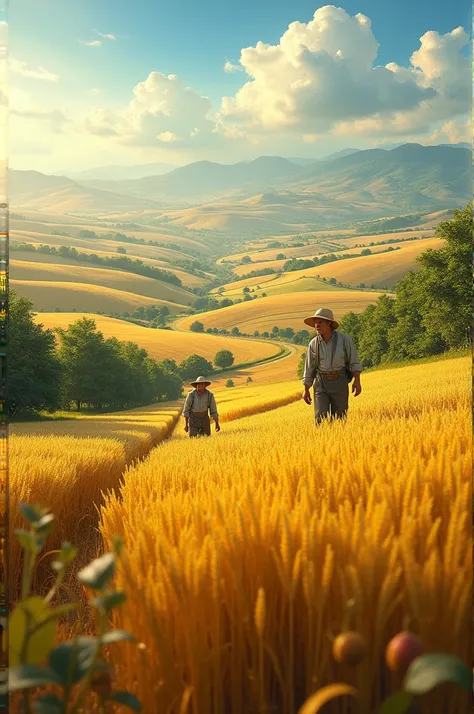 
Create a vibrant image that depicts the beauty and bounty of agriculture: fields of golden grains swaying in the breeze, lush green orchards bursting with ripe fruits, and farmers tending to their crops with care and dedication, as well as technology that...