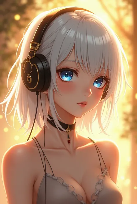 Mature anime woman with white hair blue eyes and headphones with lots of lighting golden