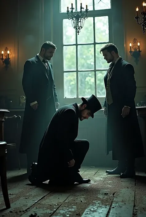 “A man wearing a top hat and a black overcoat is kneeling on one knee on the ground, looking hurt. His expression shows pain, and he is leaning slightly forward. in front of him, two vampires, both dressed in 19th century clothing, with black eyes and shar...