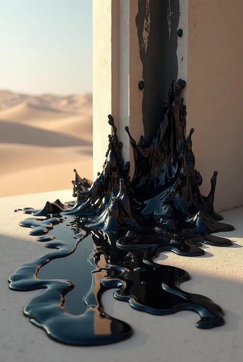 Mesmerizing Shimmering Black Paint Spill, illuminated by soft light, on light decorative plaster, sand dunes
