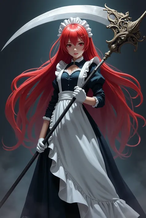 maid，White Gloves，giant scythe，Red long hair anime girl￼，anime style