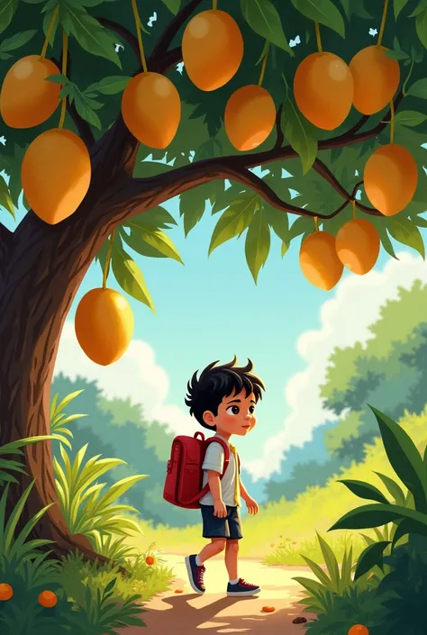 A child going to school with a backpack under a mango tree with mangoes around it