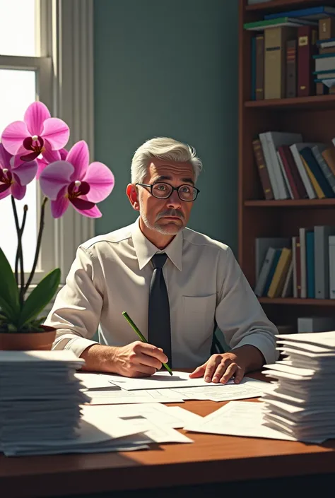 A 3 man sitting at a table full of tests to grade and an orchid on his desk. He looks at the plant with joy and hope..