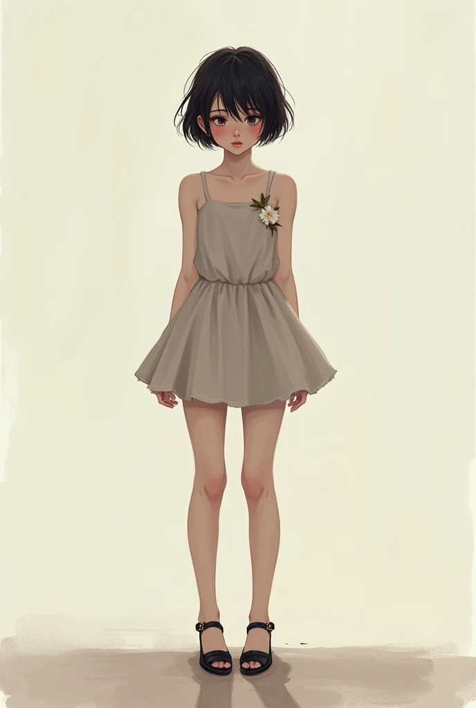 a short hair woman boyish style, sad face, digital illustration style, wearing a cute dress and heels, 