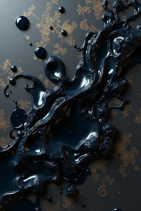 Mesmerizing spilled shimmering dark paint, illuminated by bright light, on dark decorative plaster, silk
