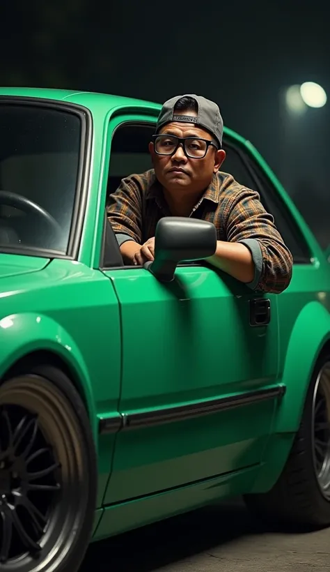 Create bald indonesia man, black glasses, half fat, lumberjack shirt, denim pants, white sneakers, seat inside car, hands at window, snapcap, winged Honda City, Candy green color, with big black rims, black glasses, very dark background