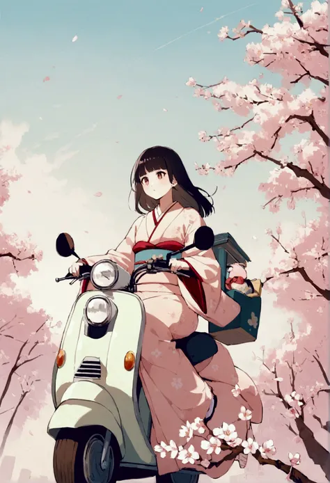 9:16 images、lo-fi、Driving on a scooter、Stylish Japanese woman in kimono、 20 years old、Carrying a shamisen、cherry blossoms、The sky is bright