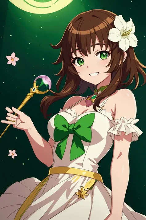 character (Makoto Hanami), brown hair, green eyes, fairy costume, background of your room, flower hair pin adornment in her hair, smiling,with a wand 🪄 in his hand, Full HD 8K quality, Anime version, white dress 