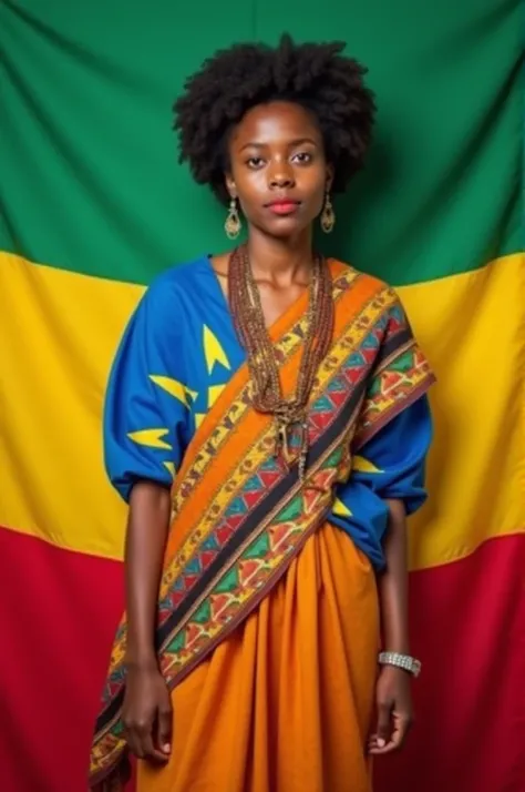 Young Ethiopian teacher standing infront of ethiopian flag