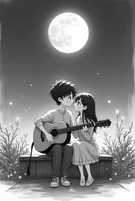 Pencil scatch couple sitting on bench at night. Small Flower plants in background. The boy is playing guitar looking towards moon. Frame Ration is 16:9