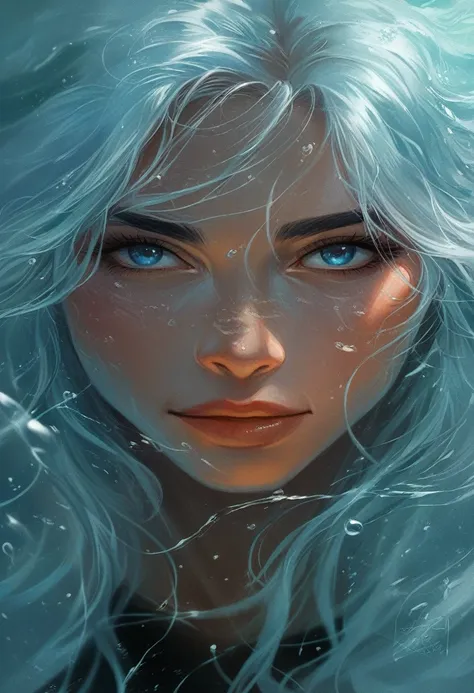 there is a woman with white hair and blue eyes in the water, realistic digital art 4k, beautiful digital artwork, realistic digital art 4 k, ross tran 8 k, 4k highly detailed digital art, stunning digital illustration, 4k detailed digital art, deviantart a...