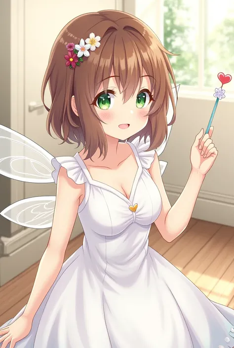 character (Makoto Hanami), brown hair, green eyes, fairy costume, background of your room, flower hair pin adornment in her hair, smiling,with a wand 🪄 in his hand, Full HD 8K quality, Anime version, white dress 