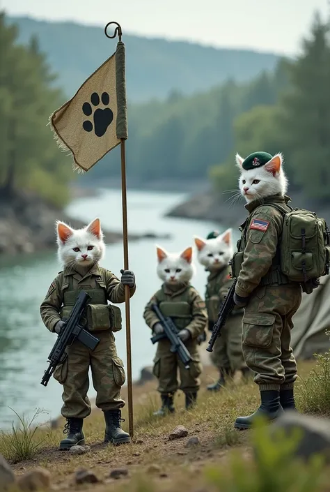 Three two-legged white kitten cat beastmen、A group of kitten beastmen wearing camouflage uniforms、A scene of several kitten cat beastmen camping、Scenery of the deep Tama River、至close rangeの画像、(There are 4 kittens and a cat beastman around)、(Crisp, realisti...