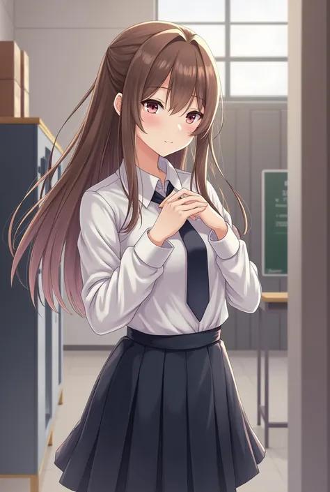 A girl in a school uniform with a tie and long brown hair.