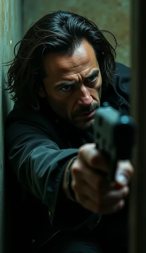 Van Helsing, played by Hugh Jackman, is injured and hiding in the corner, gun in hand, ready for a sneak attack