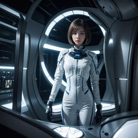 A medium-shot of a European woman, 3, standing inside a futuristic space station. She is wearing a sleek white and silver spacesuit with glowing blue accents, and her short brown hair floats in zero gravity. The camera focuses on her determined expression ...