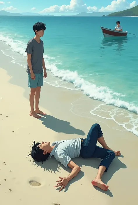 A man faints and falls on the seashore as  one man watches in Long distance
 from a boat in anime

