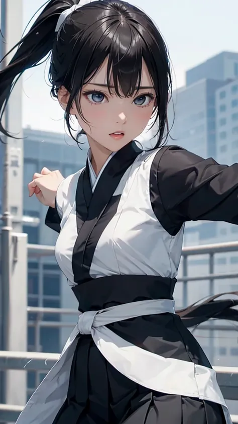 8k resolution,((Best Quality)),Ultra-high resolution,Adult women, Alone, sexy, (Expressionless), (Black eyes), A beautiful, symmetrical face, (Long black ponytail),Martial arts uniform,Japanese style long skirt,Realistic:1.4,Realistic:1.4,(masterpiece:1.2)...