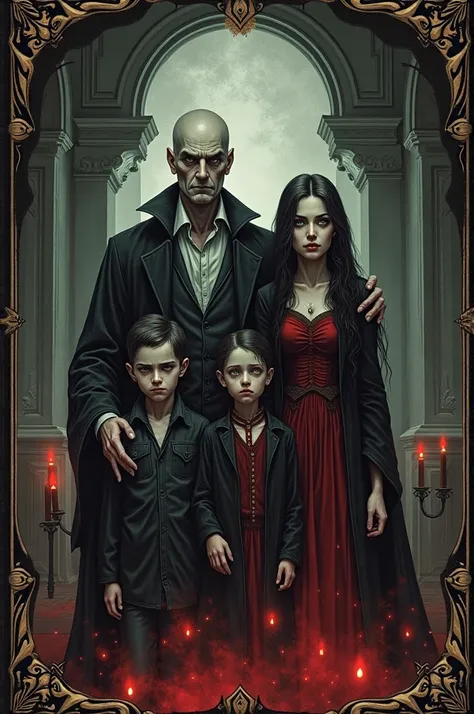 A card from a card game with the title "family curse" where the figure is a family of vampires suffering