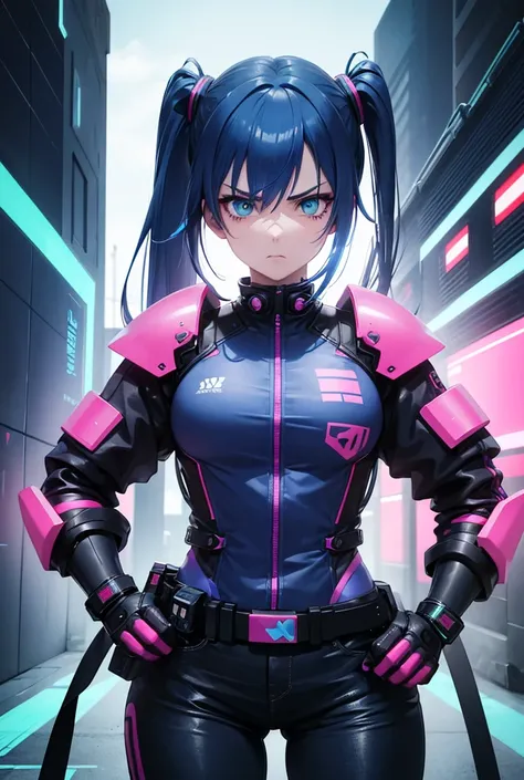 Anime Techno cyberpunk girl, wearing blue goggles , Blue hair, pony tail, pink black jacket on metallic armour, neon green,long technical sword, wearing jeans,light power,serious face, angry eyes, city background , 4k image