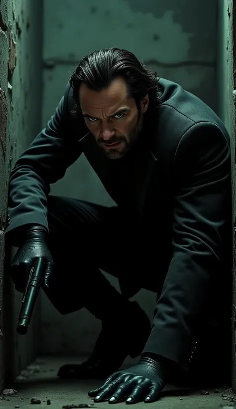 Van Helsing, played by Hugh Jackman, is injured and hiding in the corner, gun in hand, ready for a sneak attack