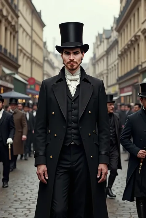 A man in a top hat in the middle of the crowd, and black coat, in 19th century London 