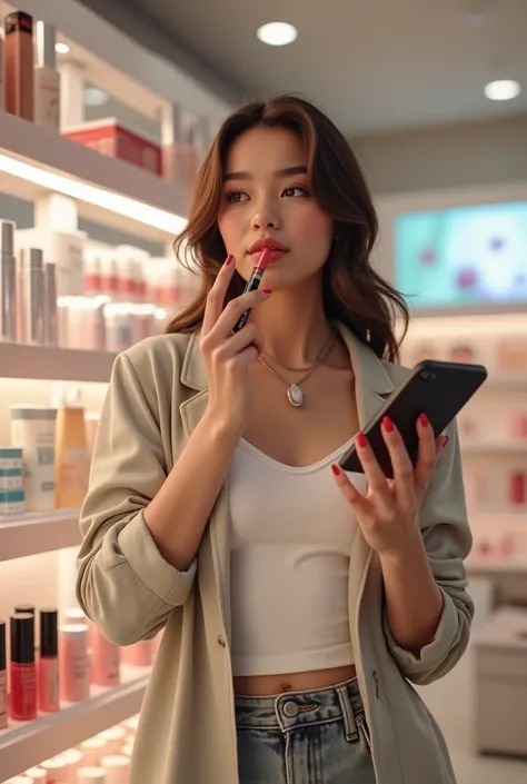 Create an image of jassmin, a stylish customer in a modern beauty store, holding a small mirror and applying lipstick. She is wearing a fashionable, casual outfit and is standing in front of a makeup display. The store has a bright, modern design with beau...