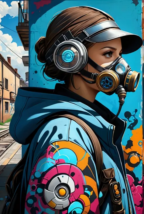 human and technology., with biomechanical and cybernetic elements.urban graffiti artist, Using a small gas mask, Nexo is a visionary who uses graffiti to reflect on the future of humanity and its relationship with technology...... His art is a call to awar...