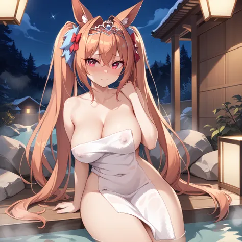 daiwadef, twintails, tiara, horse ears, horse tail,night,onsen,nsfw, (Perfect hands),(Perfect Anatomy),(masterpiece),(highest quality) ,Objective eyes,uncensored,1 girl,solo,(naked towel:1.4),(white towel:1.2),(fluffy towel:1.7),(cleavage:1.2),pleased,emba...