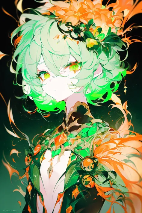 Boy. white hair, hydrochromia, orange eyes, ((((((GREEN EYE!!!!!!!!!!))))Green eyes, scar on eye, fantasy clothing,  PASTERS, ORANGE ACCENT ON THE EYES, DIALESIC LIGHT, 4k, 8 k