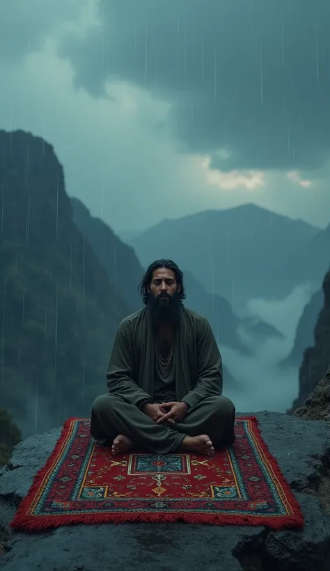 A Muslim man sits on a carpet on top of a mountain at night with rain 