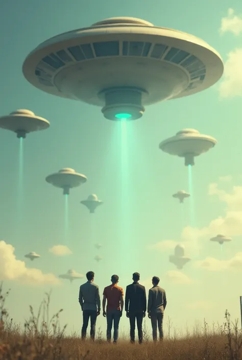 number of 50 ufo coming form the space into earth one music band  with 4 guys  standing and looking at that