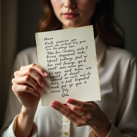 (photorealism, best quality, masterpiece, high quality) The womans fingers hold a modern letter, as if reading it, which is written in English: 
 "Dear Hannah",

Its been a long time, and I miss you very much. I know its weird to write letters nowadays, bu...