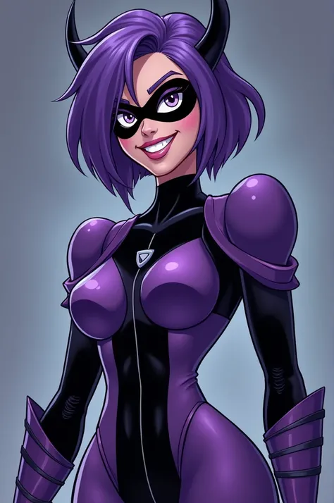 A compete body and head imagen of a Sexy witch, smiling, with short purple hair, dressing excatly  Ravens uniform from cartoon "teen Titans" with withe long soxs, cyberpunk style.