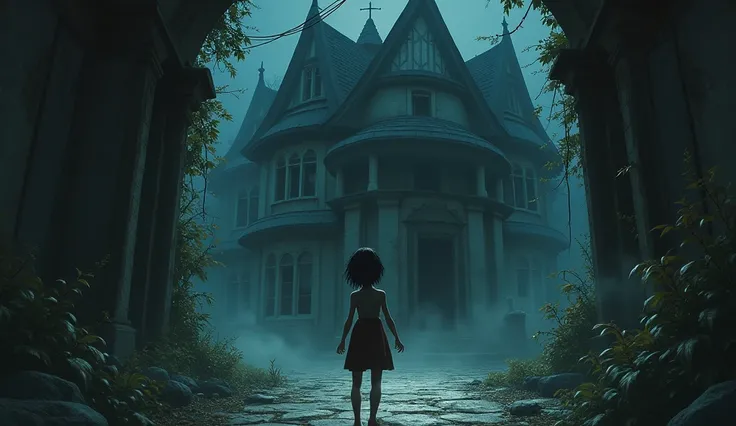 Courageous Girl: A young girl named Sára, looking determined yet slightly apprehensive, standing at the entrance of the haunted house.