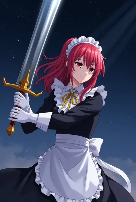 maid，White Gloves，huge holy sword，Red long hair anime girl￼，anime style，Dark night sky